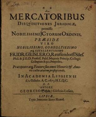 de Mercatoribus Disqvisitiones Juridicæ