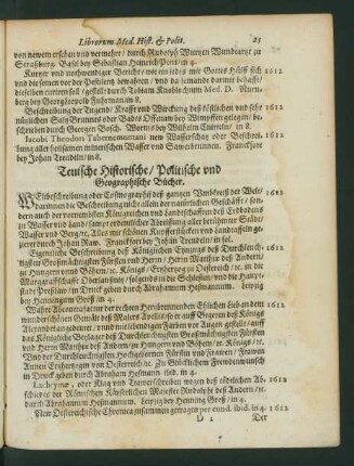 Teutsche Historische/ Politische und Geographische Bücher.