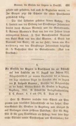 691-695 [Rezension] Brunner, Luitpold, Einfälle der Ungarn in Deutschland bis zur Schlacht auf dem Lechfelde am 10. August des Jahres 955