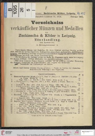 Nr. 102: Verzeichniss verkäuflicher Münzen und Medaillen von Zschiesche & Köder in Leipzig, Münzhandlung: Verzeichniss verkäuflicher Münzen und Medaillen