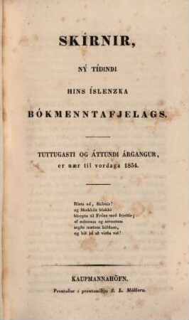 Skírnir : tímarit hins islenska bókmenntafélags. 1854