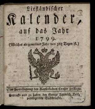 1799: Liefländischer Kalender, auf das Jahr 1799