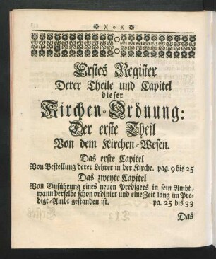 Erstes Register Derer Theile und Capitel dieser Kirchen-Ordnung