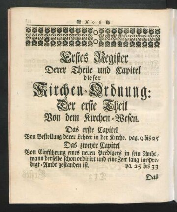 Erstes Register Derer Theile und Capitel dieser Kirchen-Ordnung
