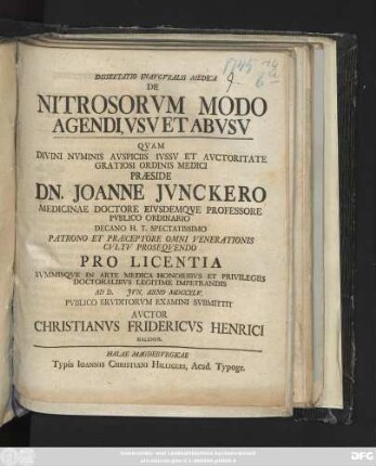 Dissertatio Inavgvralis Medica De Nitrosorvm Modo Agendi, Vsv Et Abvsv