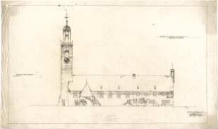 Gsaenger, Gustav; Braunschweig - Lehndorf (Niedersachsen); Ev. Kirche mit Pfarrhaus und Gemeindesaal - Entwurf Kirche u. Pfarrhaus, Südseite (Ansicht)