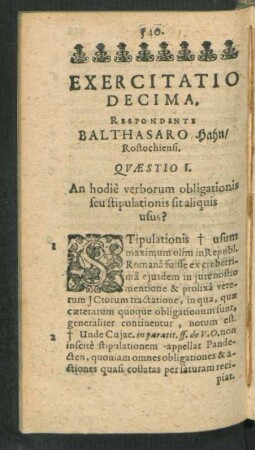 Exercitatio Decima. Respondente Balthasaro Hahn