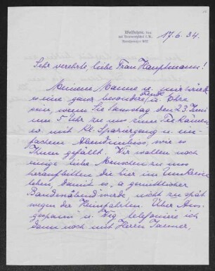 Brief von Wilma Ercklentz an Margarete Hauptmann