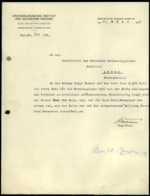 Schreiben; Büro der ZD an DAI Athen (Schecksendungen)