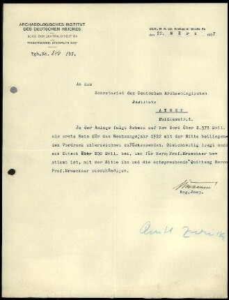Schreiben; Büro der ZD an DAI Athen (Schecksendungen)