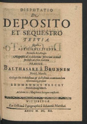 Disputatio De Deposito Et Sequestro Tertia