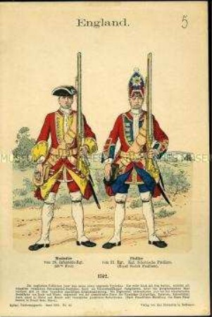 Uniformdarstellung, Musketier des 28. Infanterie-Regiments, Füsilier des 21. Schottischen Füsilier-Regiments, Königreich Großbritannien, 1742.