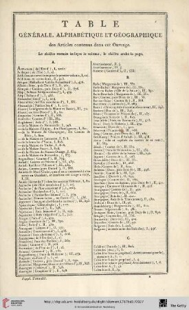 Table générale, alphabétique et géographique des Articles contenus dans cet Ouvrage