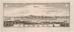 Panorama-Stadtansicht von Weißenfels an der Saale im Süden von Sachsen-Anhalt mit der Burg im Zustand vor der Schleifung 1644 durch die Schweden, aus Merians Topographia Superioris Saxoniae