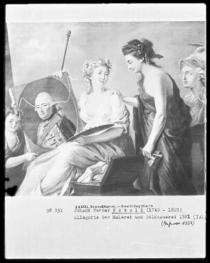 Allegorie der Malerei und der Bildhauerei mit dem Bildnis ihres Beschützers, des Landgrafen Friedrich 2. von Hessen