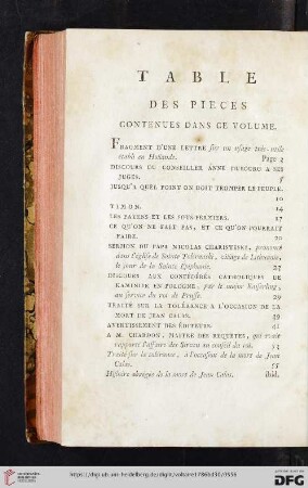 Table des pieces contenues dans ce volume