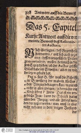 5. Capitel. Kurtze Antwort auff die vermeinte Beweiß deß Reformirten Auctoris.