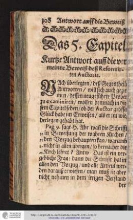5. Capitel. Kurtze Antwort auff die vermeinte Beweiß deß Reformirten Auctoris.
