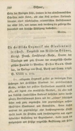 320-334 [Rezension] Böhmer, Wilhelm, Die christliche Dogmatik oder Glaubenswissenschaft