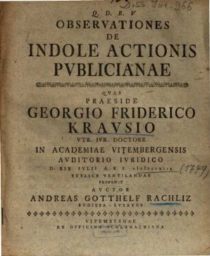 Observationes De Indole Actionis Pvblicianae