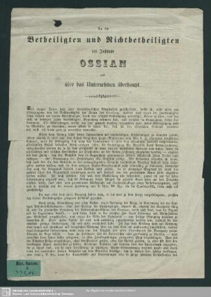 An die Betheiligten und Nichtbetheiligten des Instituts Ossian und über das Unternehmen überhaupt