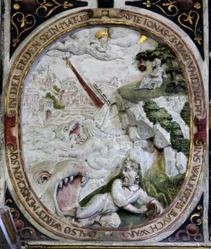 Epitaph für den Ratsmeister Paul Mues — Typologie: Jonas wird an Land gespült & Die Verklärung Jesu