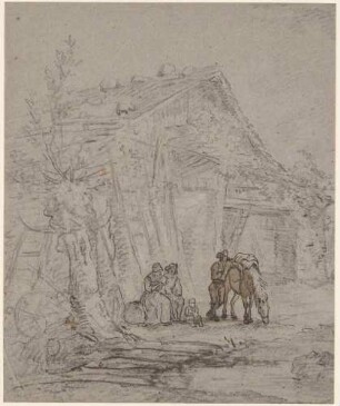 Bauern und Reiter vor einem Haus