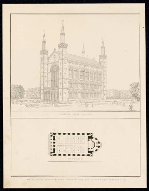 Kirche in der Oranienburger Vorstadt, Berlin, Nr. 3: Perspektivische Ansicht, Grundriss (aus: Sammlung Architektonischer Entwürfe, Berlin 1858)
