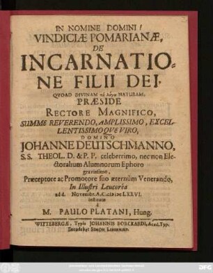 Vindiciae Pomarianae, De Incarnatione Filii Dei, Quoad Divinam tu logu Naturam