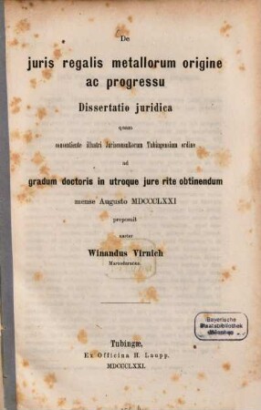 De juris regalis metallorum origine ac progressu : Inaug. Dissert.