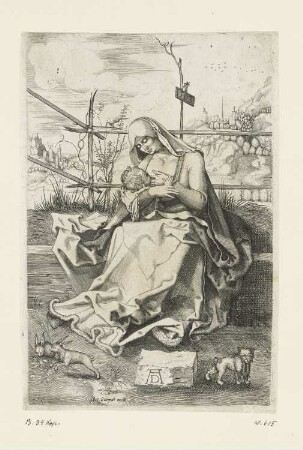 Maria auf der Rasenbank, das Kind stillend