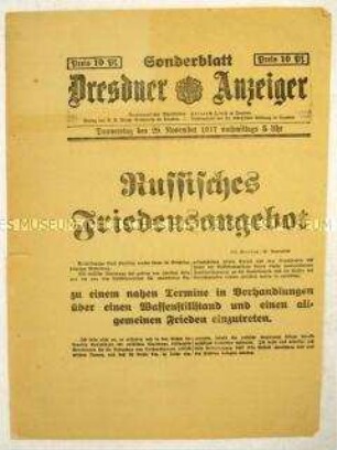 Nachrichtenblatt des "Dresdner Anzeiger" zum Friedensangebot der russischen Revolutionsregierung