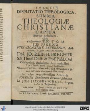 Disputatio Theologica, Summa Theologiae Christianae Capita Breviter perlustrans