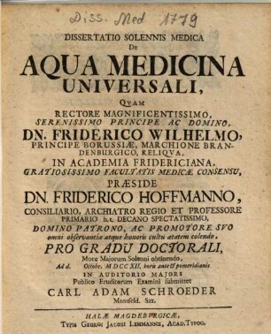 Dissertatio Solennis Medica De Aqua Medicina Universali