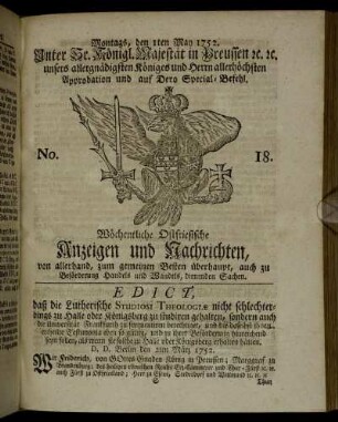 No. 18. Montags, den 1ten May 1752.