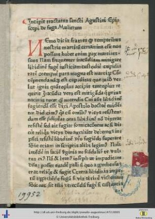 Tractatus sancti Augustini Episcopi de fuga Mulierum.