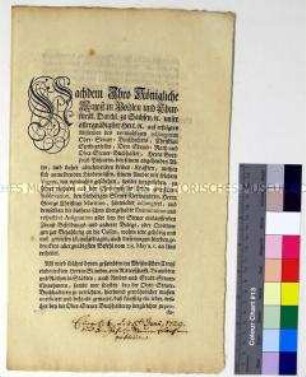 Mandat von Friedrich August I. Kurfürst von Sachsen betreffend die Eintreibung der Getränke-, Pfennig- und Quatember-Steuern im Kreis Meißen