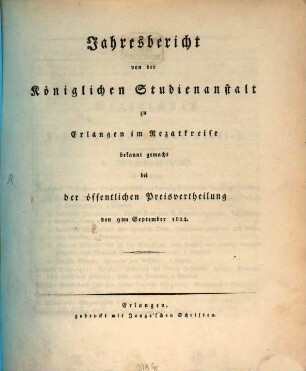 Jahresbericht über die Königliche Studienanstalt zu Erlangen : für das Studienjahr .... 1824