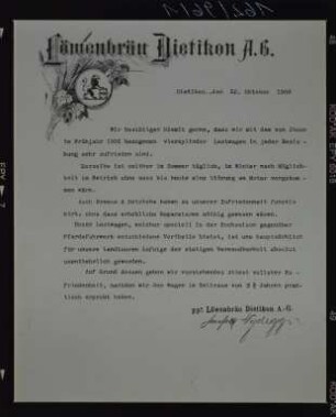 Brief vom 22.08.1908 von der Löwenbräu-Dietikon AG über Verwendung von Brauereifahrzeugen