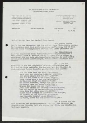Brief von Bernhard Ercklentz an Gerhart Hauptmann