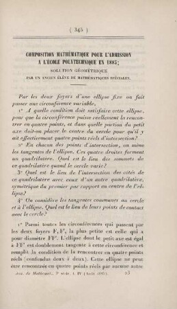 Composition mathématique pour l'admission a l'école polytechnique en 1883.