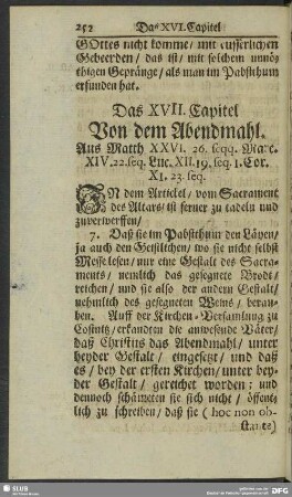 Das XVII. Capitel Von dem Abendmahl. Aus Matth. XXVI. 26. seqq. Marc. XIV. 22. seq. Luc. XII. 19. seq. I. Cor. XI. 23. seq.