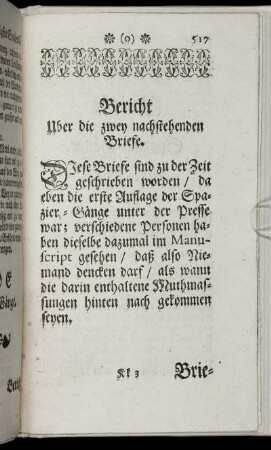 Bericht über die zwey nachstehenden Briefe.