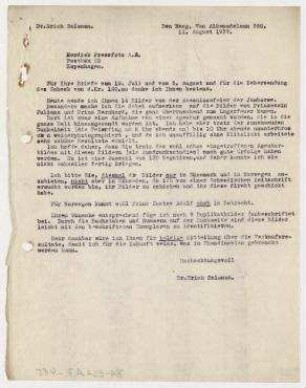 Brief von Erich Salomon an Nordisk Pressefoto, Kopenhagen