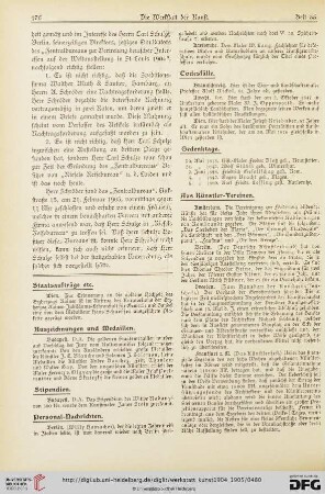 Todesfälle / Gedenktage / Aus Künstler-Vereinen / Aus Kunstvereinen / Vom Kunsthandel / Aus Galerien und Museen / Auktionen / Vermischtes / Literatur-Umschau / Briefkasten der Schriftleitung / Werbung