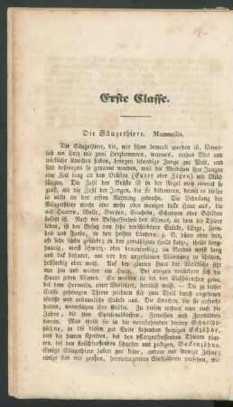 Erste Klasse. Die Säugethiere. Mammalia.