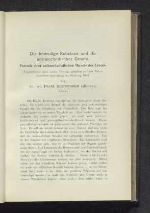 Die lebendige Substanz und ihr antimechanisches Gesetz.