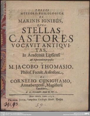 Theses Meteoro-Philologicae De Marinis Ignibus, Quos Stellas Castores Vocavit Antiquitas