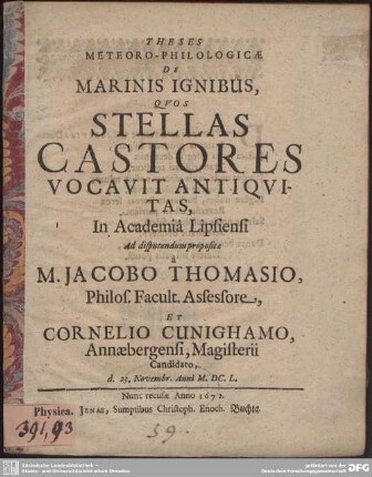 Theses Meteoro-Philologicae De Marinis Ignibus, Quos Stellas Castores Vocavit Antiquitas