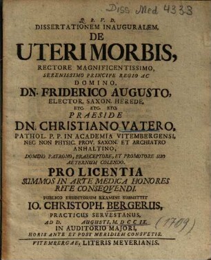 Dissertationem Inauguralem, De Uteri Morbis